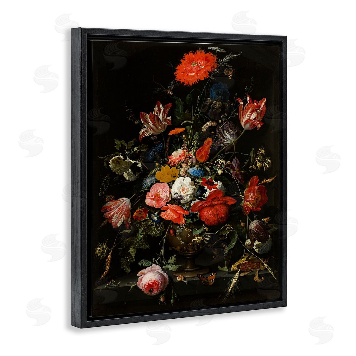 Flowers in Metal Vase Black Floating Frame Canvas Wall Art, Home Decor by Abraham Mignon