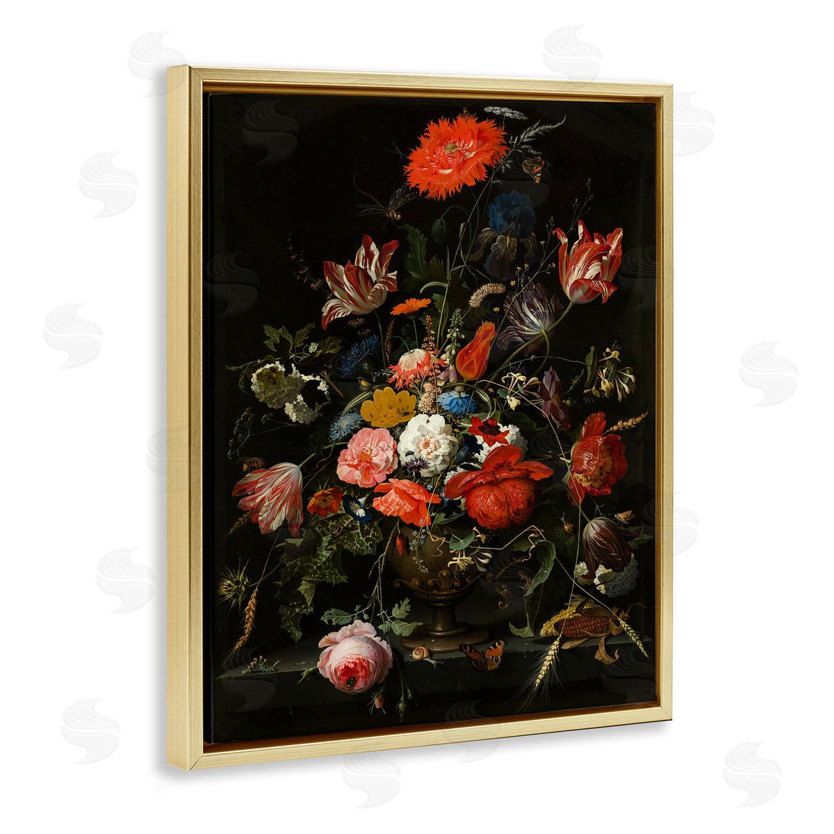 Flowers in Metal Vase Gold Floating Frame Canvas Wall Art, Home Decor by Abraham Mignon