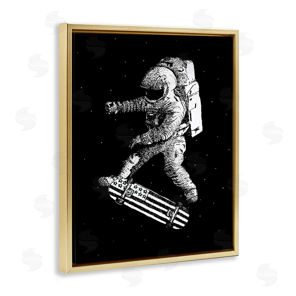 USA Astronaut Skateboarding Gold Floating Frame Canvas Wall Art, Home Decor by Robert Farkas