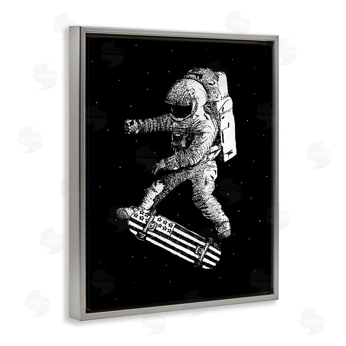 USA Astronaut Skateboarding Grey Floating Frame Canvas Wall Art, Home Decor by Robert Farkas