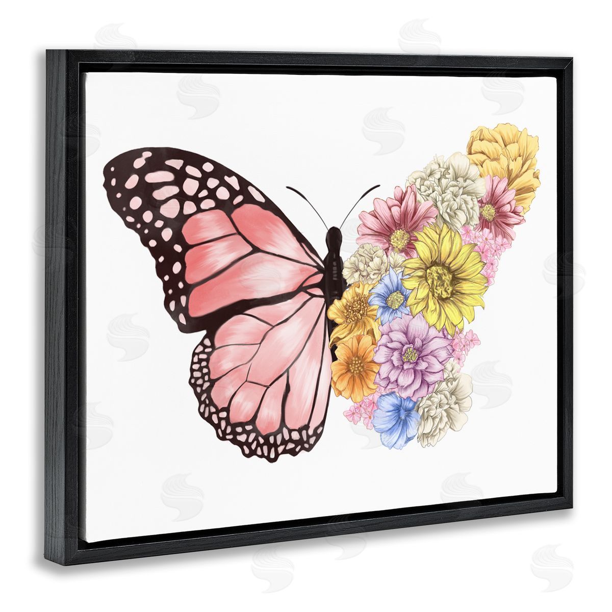 Butterfly Floral Bouquet Wing Black Floating Frame Canvas Wall Art, Home Decor by Ziwei Li