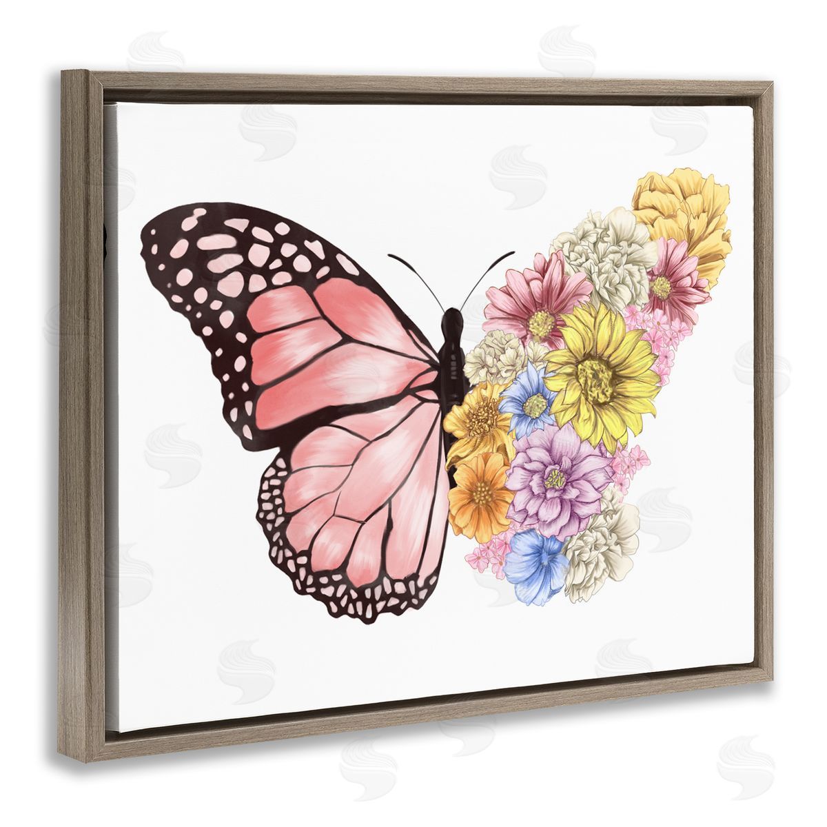 Butterfly Floral Bouquet Wing Brown Floating Frame Canvas Wall Art, Home Decor by Ziwei Li