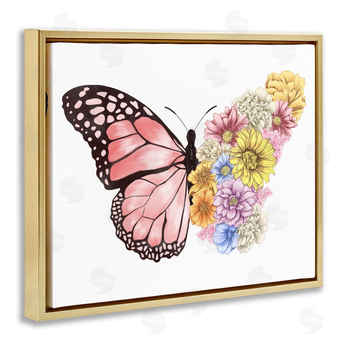 Butterfly Floral Bouquet Wing Gold Floating Frame Canvas Wall Art, Home Decor by Ziwei Li