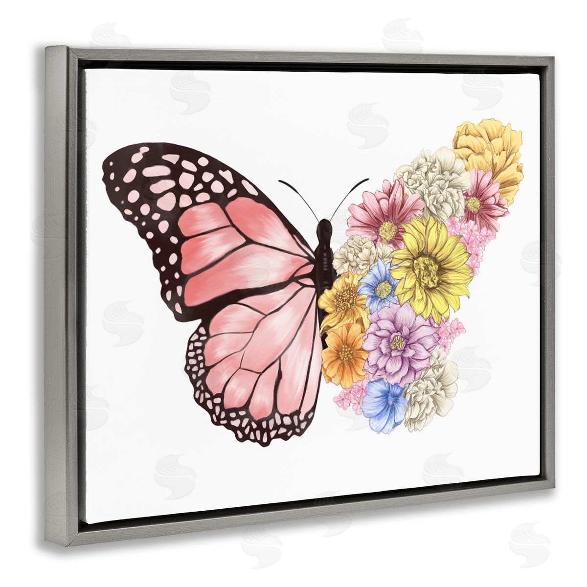 Butterfly Floral Bouquet Wing Grey Floating Frame Canvas Wall Art, Home Decor by Ziwei Li