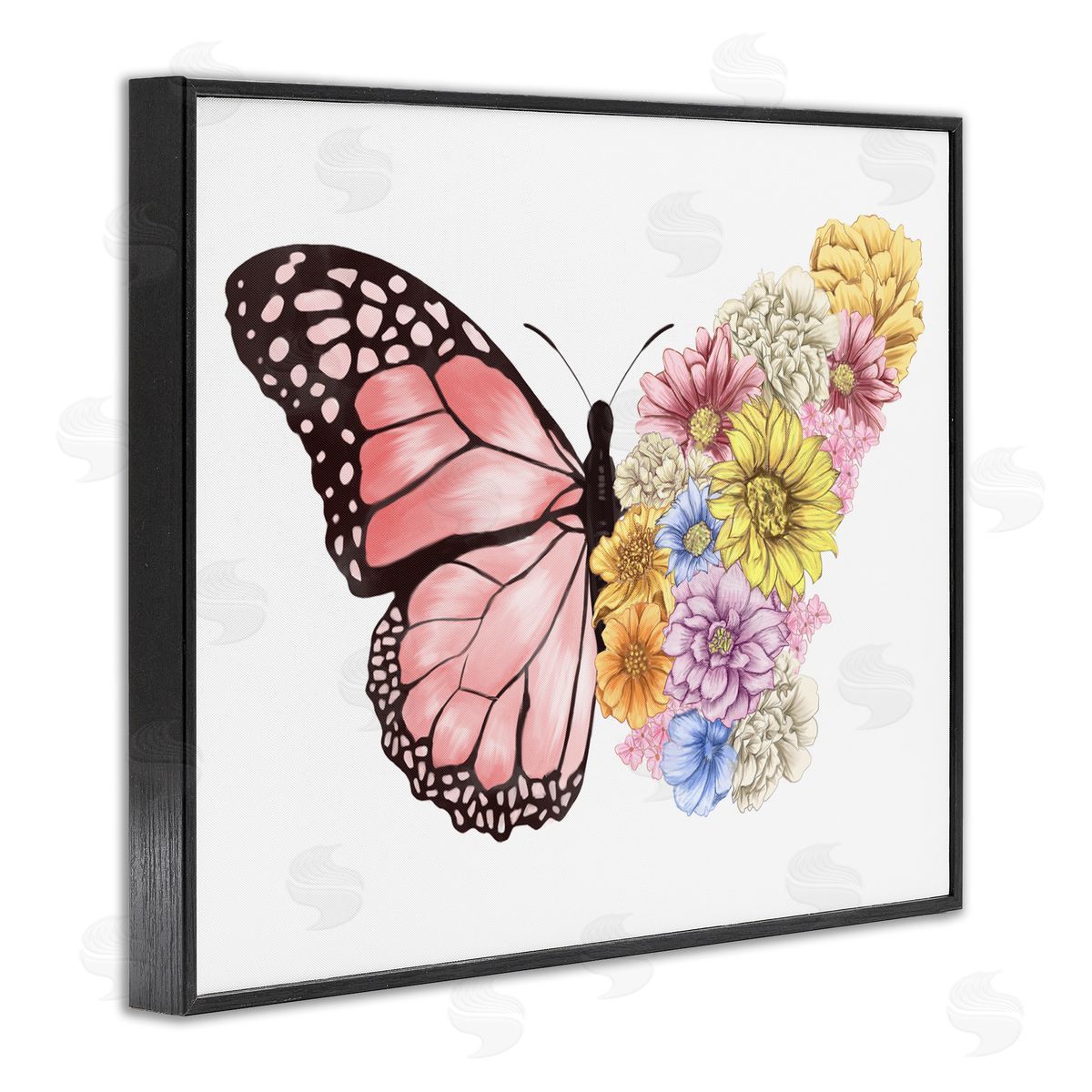 Butterfly Floral Bouquet Wing Black Frame Print Wall Art, Home Decor by Ziwei Li