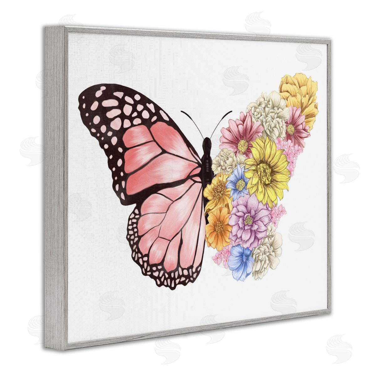 Butterfly Floral Bouquet Wing Grey Frame Print Wall Art, Home Decor by Ziwei Li