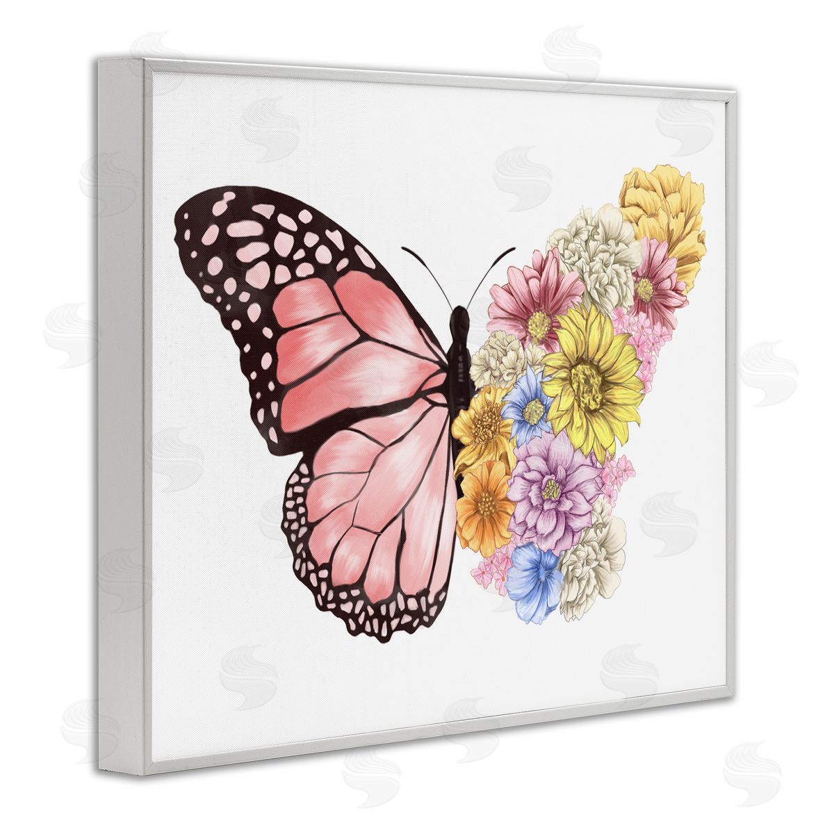 Butterfly Floral Bouquet Wing White Frame Print Wall Art, Home Decor by Ziwei Li
