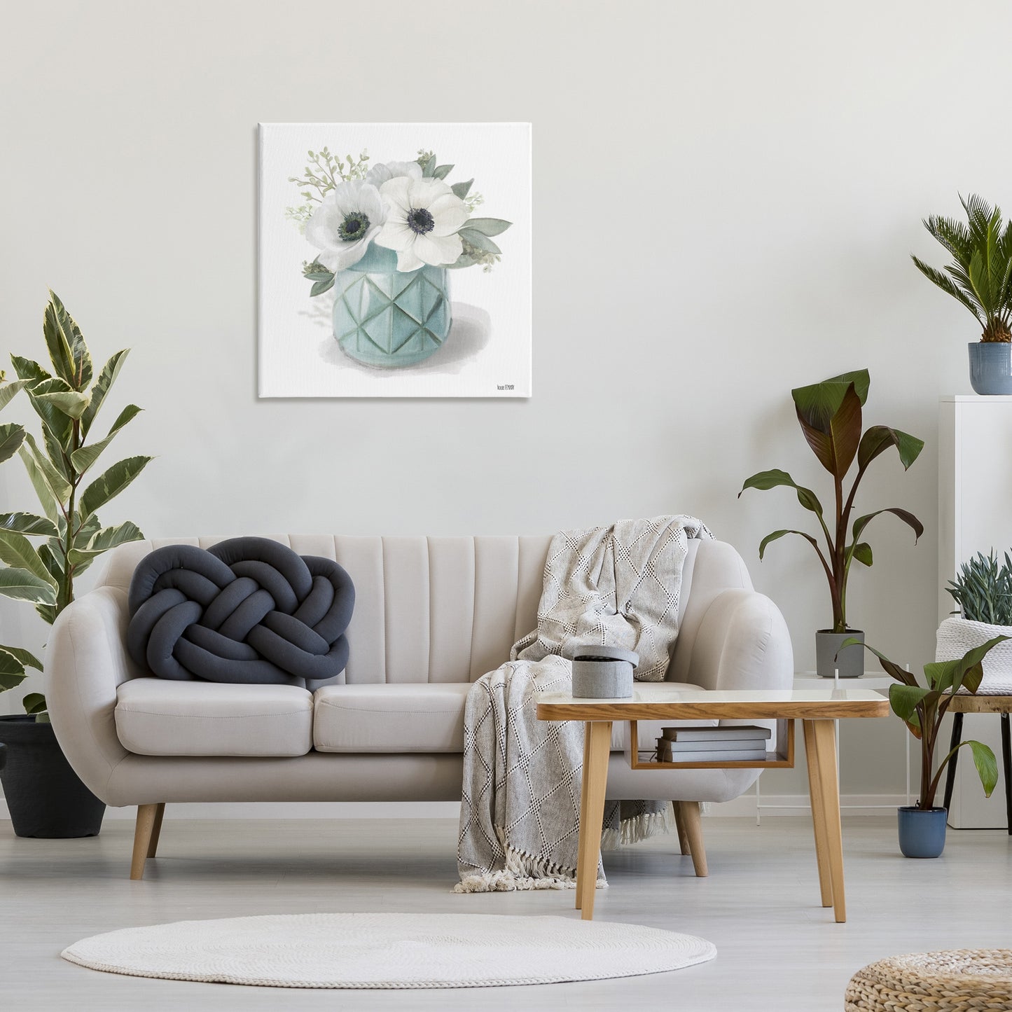 White Flowers in Turquoise Vase Canvas Wall Art in Room, Home Decor by House Fenway