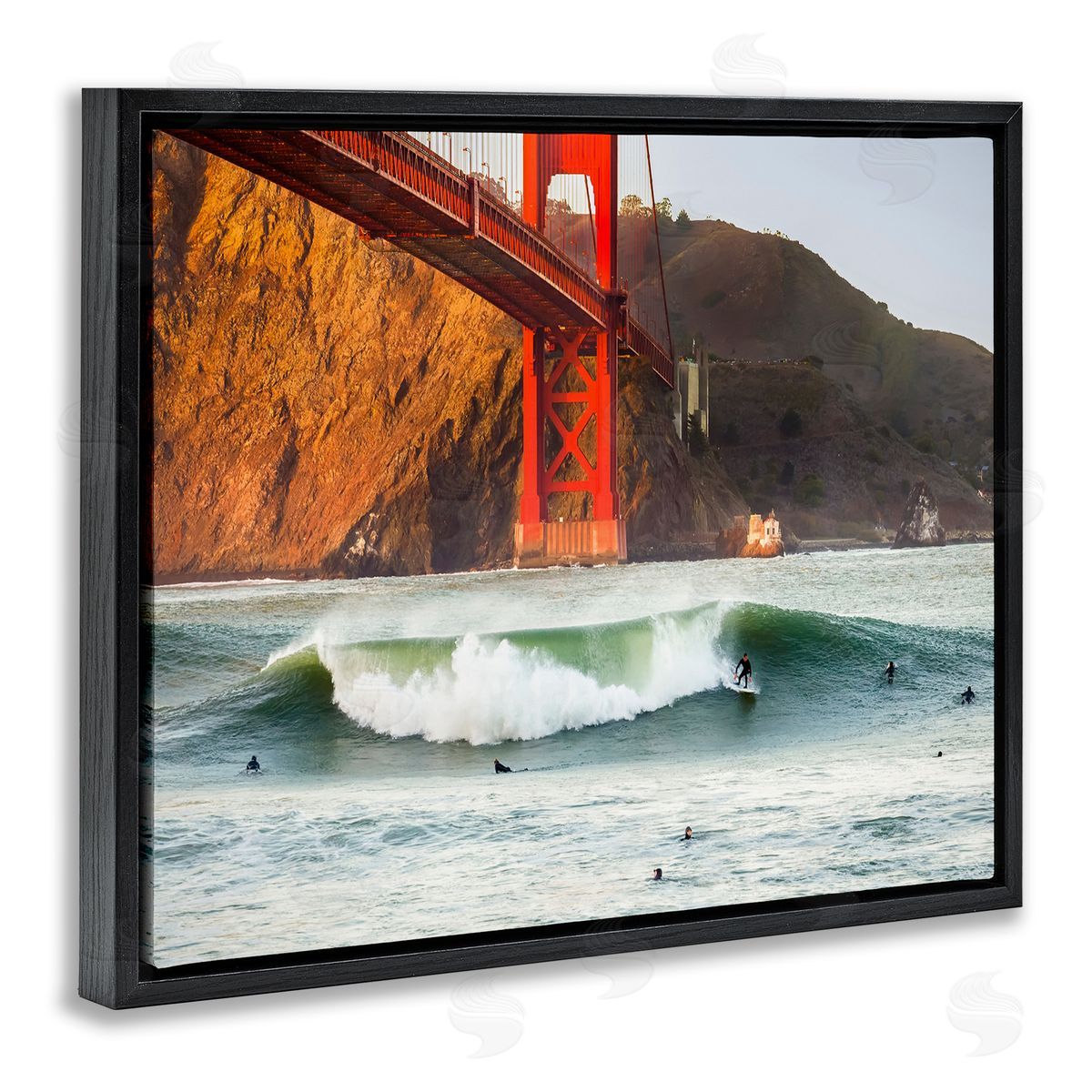 Golden Gate Surfers California Black Floating Frame Canvas Wall Art, Home Decor by Dave Gordon
