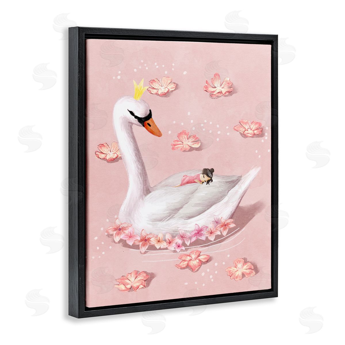 Nursery Swan with Princess Black Floating Frame Canvas Wall Art, Home Decor by Ziwei Li