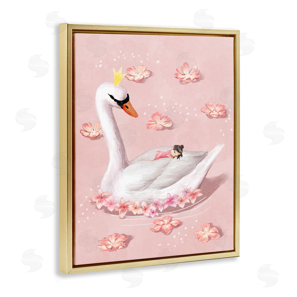Nursery Swan with Princess Gold Floating Frame Canvas Wall Art, Home Decor by Ziwei Li