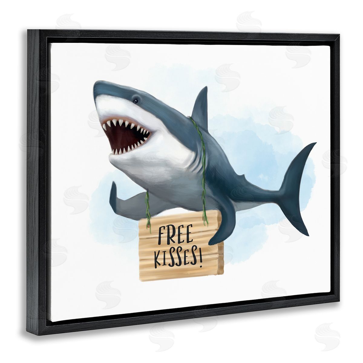 Shark with Free Kisses Sign Black Floating Frame Canvas Wall Art, Home Decor by Ziwei Li