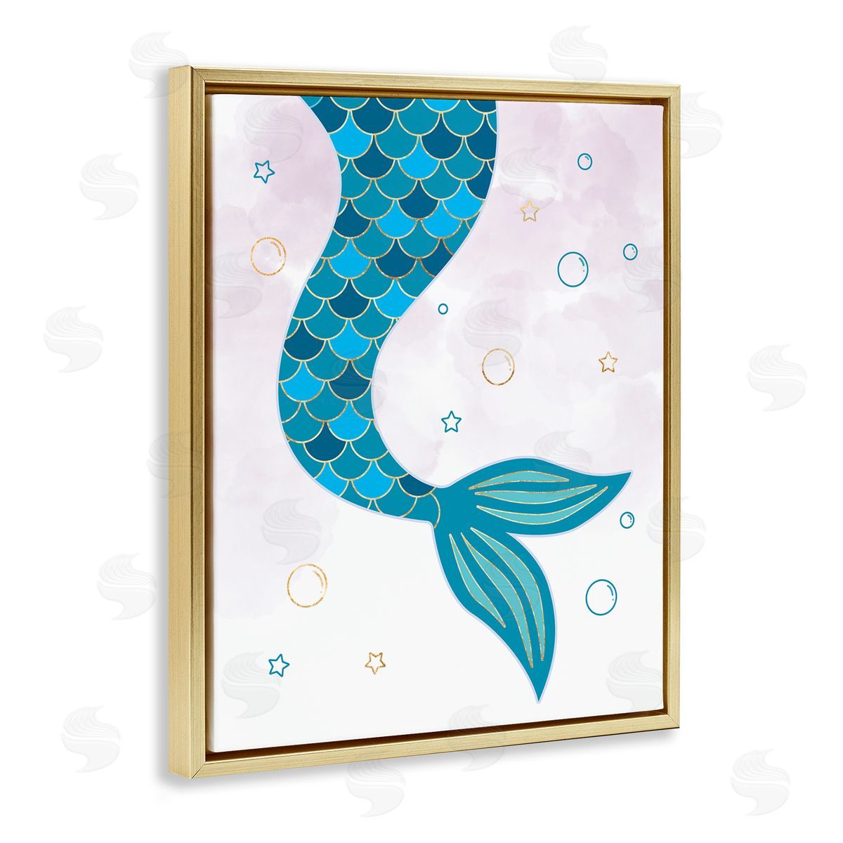 Mermaid Tail and Bubbles Gold Floating Frame Canvas Wall Art, Home Decor by Ziwei Li