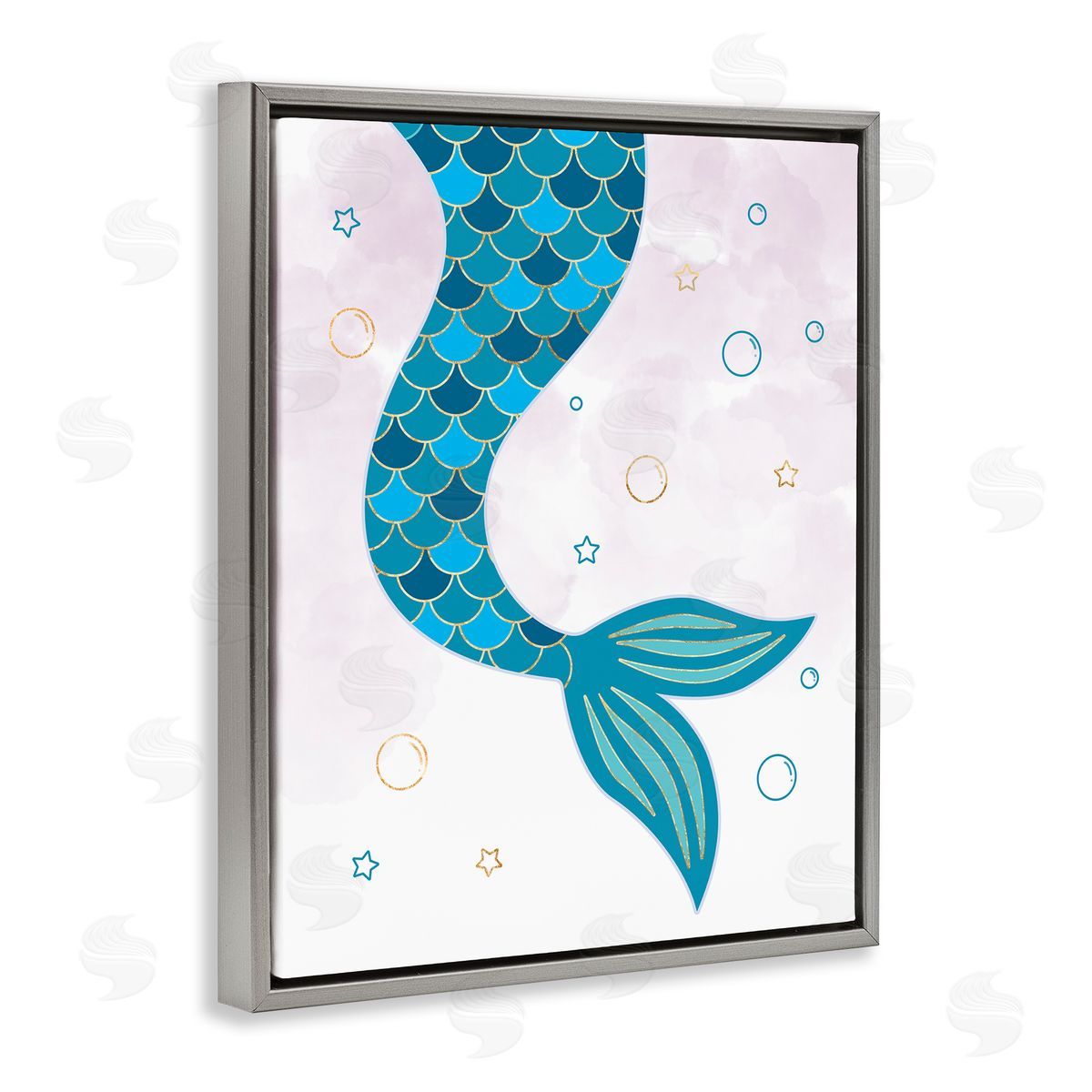 Mermaid Tail and Bubbles Grey Floating Frame Canvas Wall Art, Home Decor by Ziwei Li