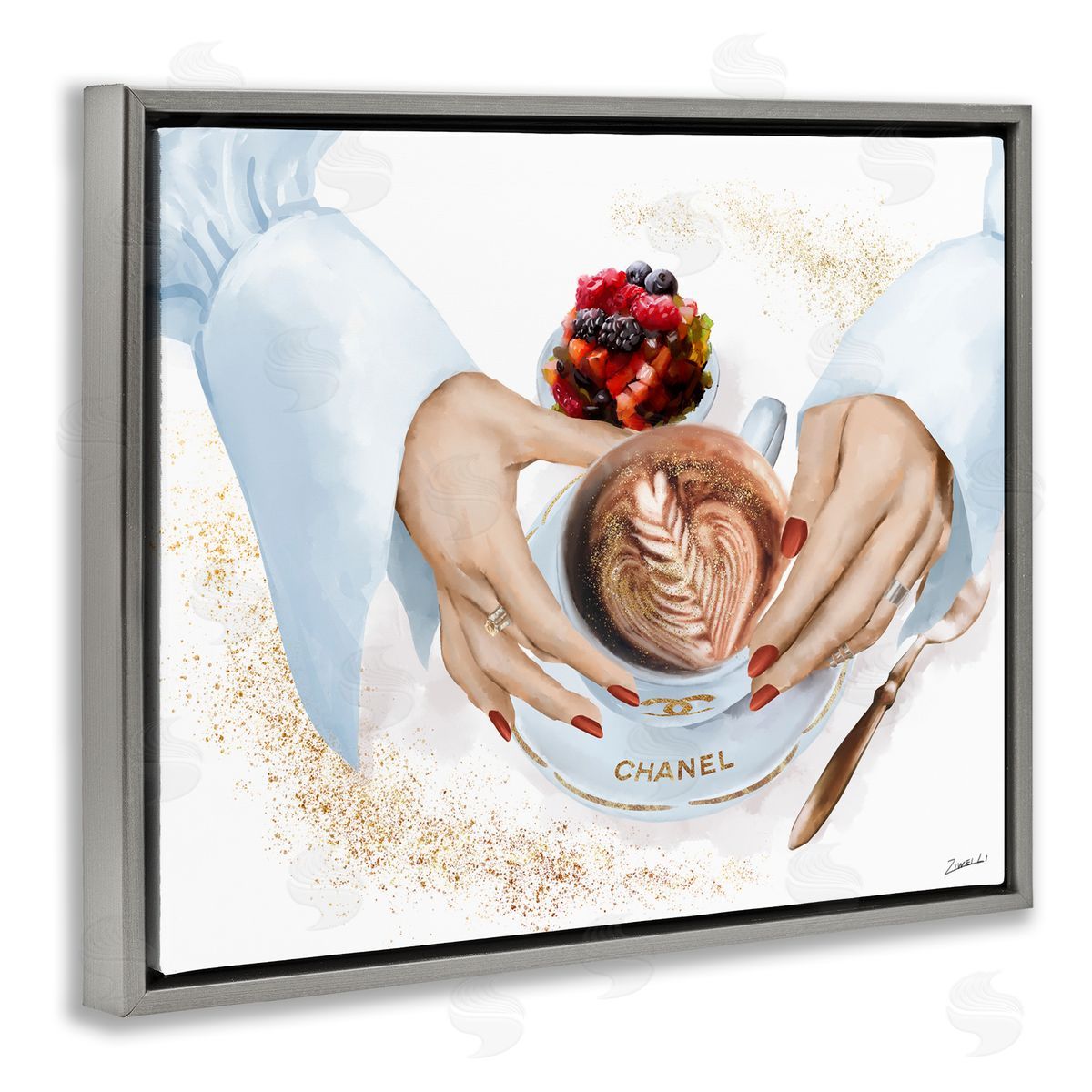 Coffee Cup with Fashion Detail Grey Floating Frame Canvas Wall Art, Home Decor by Ziwei Li