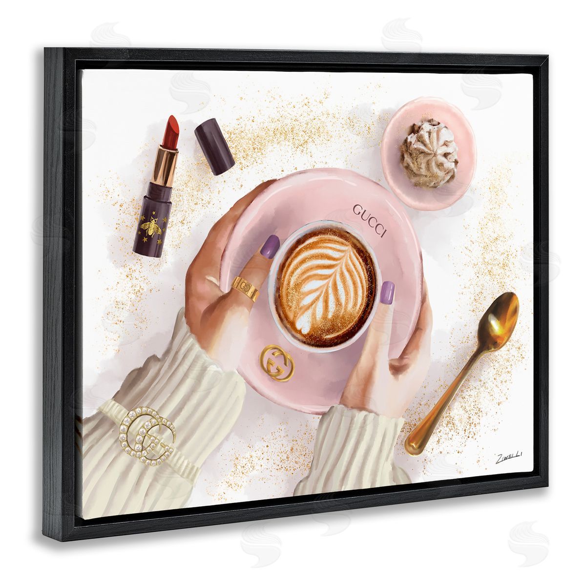 Cappuccino Art with Fashion Accent Black Floating Frame Canvas Wall Art, Home Decor by Ziwei Li