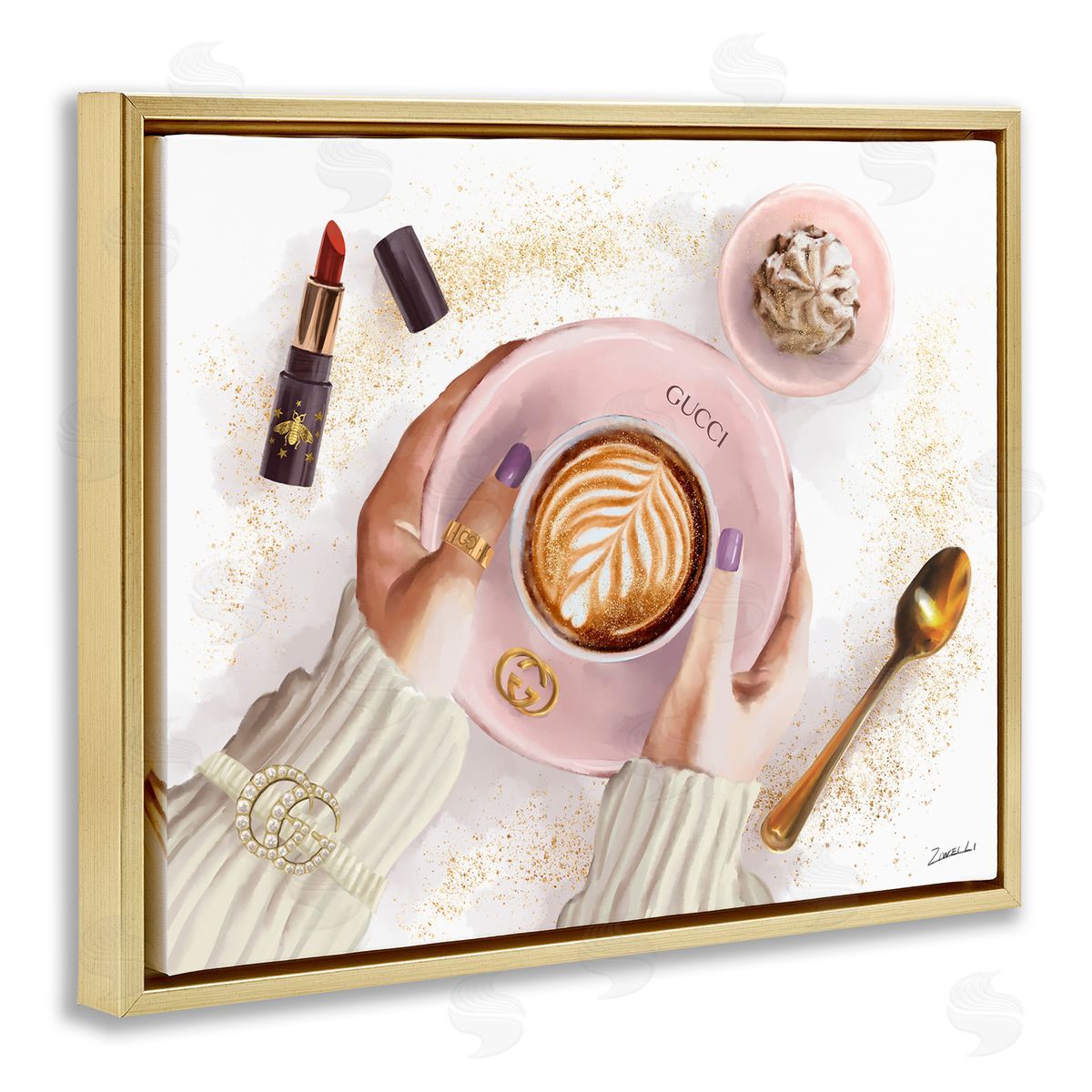 Cappuccino Art with Fashion Accent Gold Floating Frame Canvas Wall Art, Home Decor by Ziwei Li