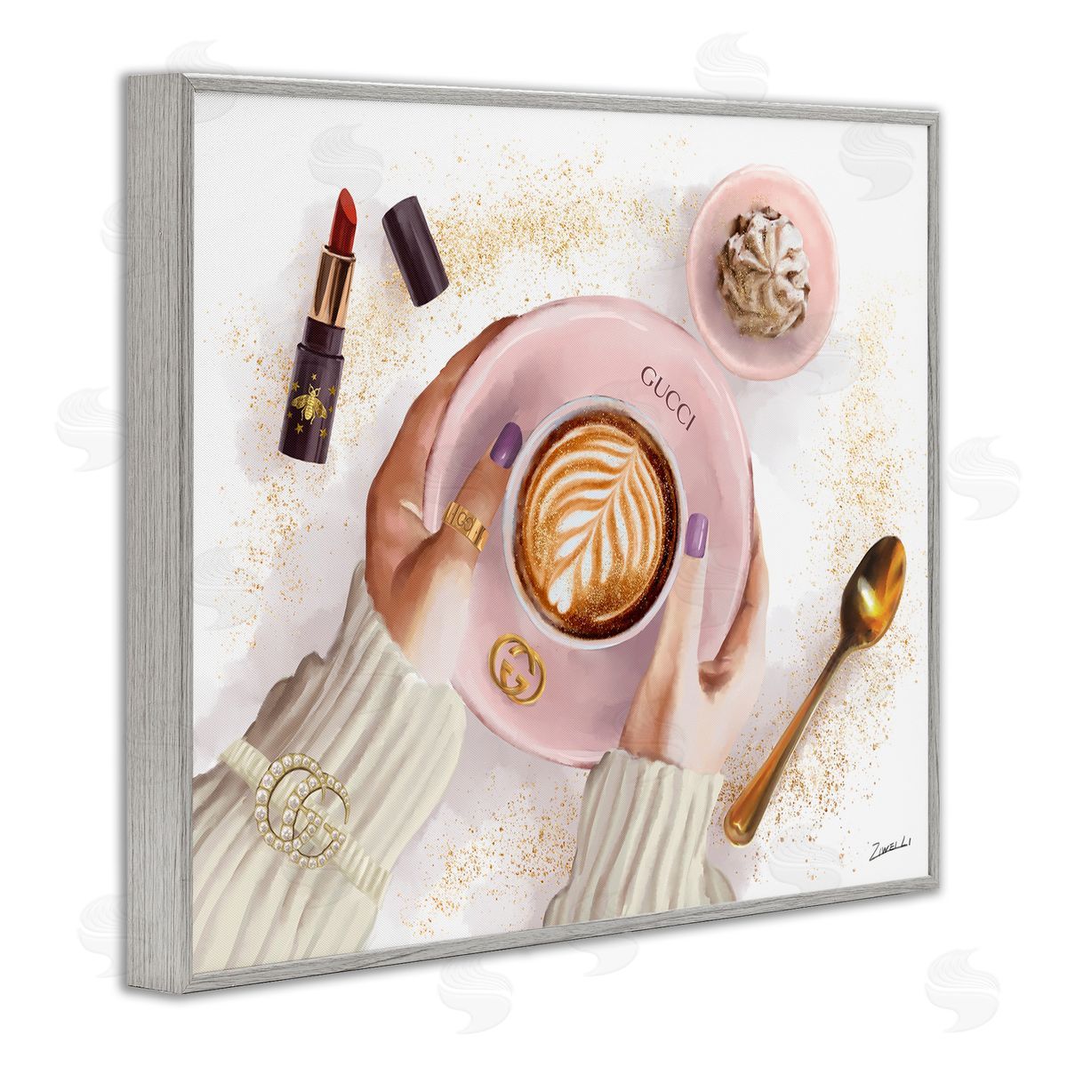 Cappuccino Art with Fashion Accent Grey Frame Print Wall Art, Home Decor by Ziwei Li