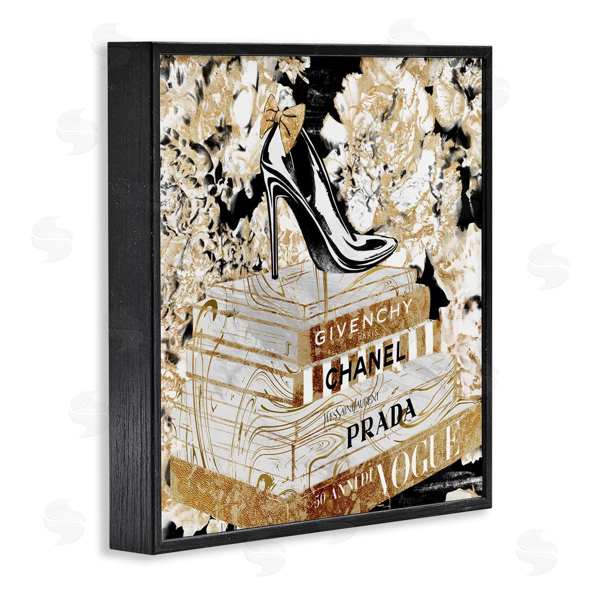 Black Heels on Golden Books Black Frame Print Wall Art, Home Decor by Ziwei Li