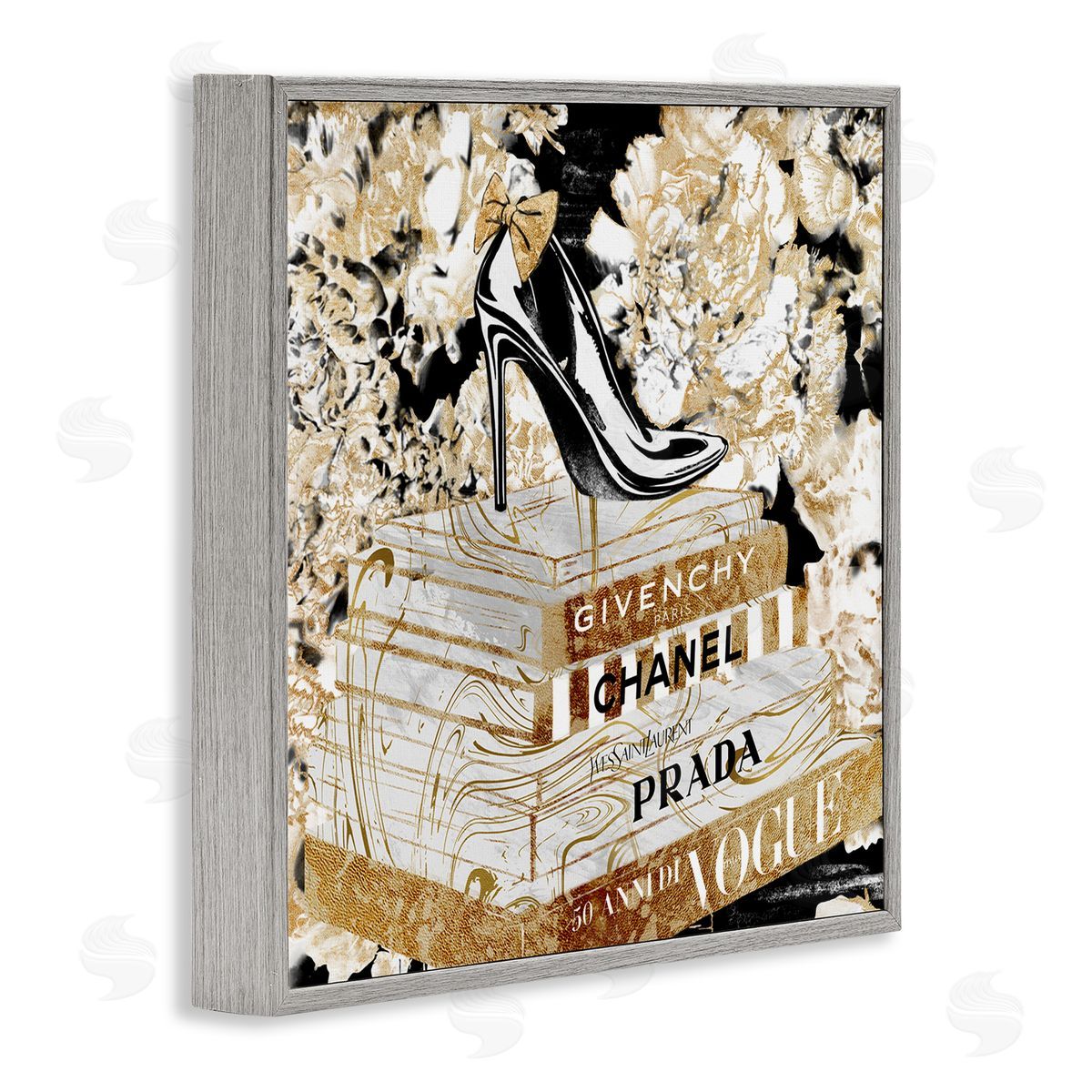 Black Heels on Golden Books Grey Frame Print Wall Art, Home Decor by Ziwei Li