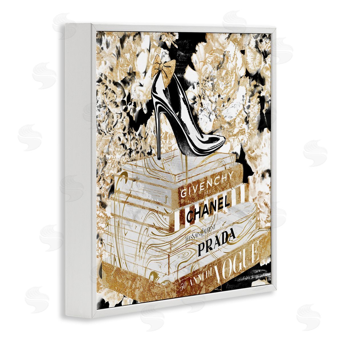 Black Heels on Golden Books White Frame Print Wall Art, Home Decor by Ziwei Li