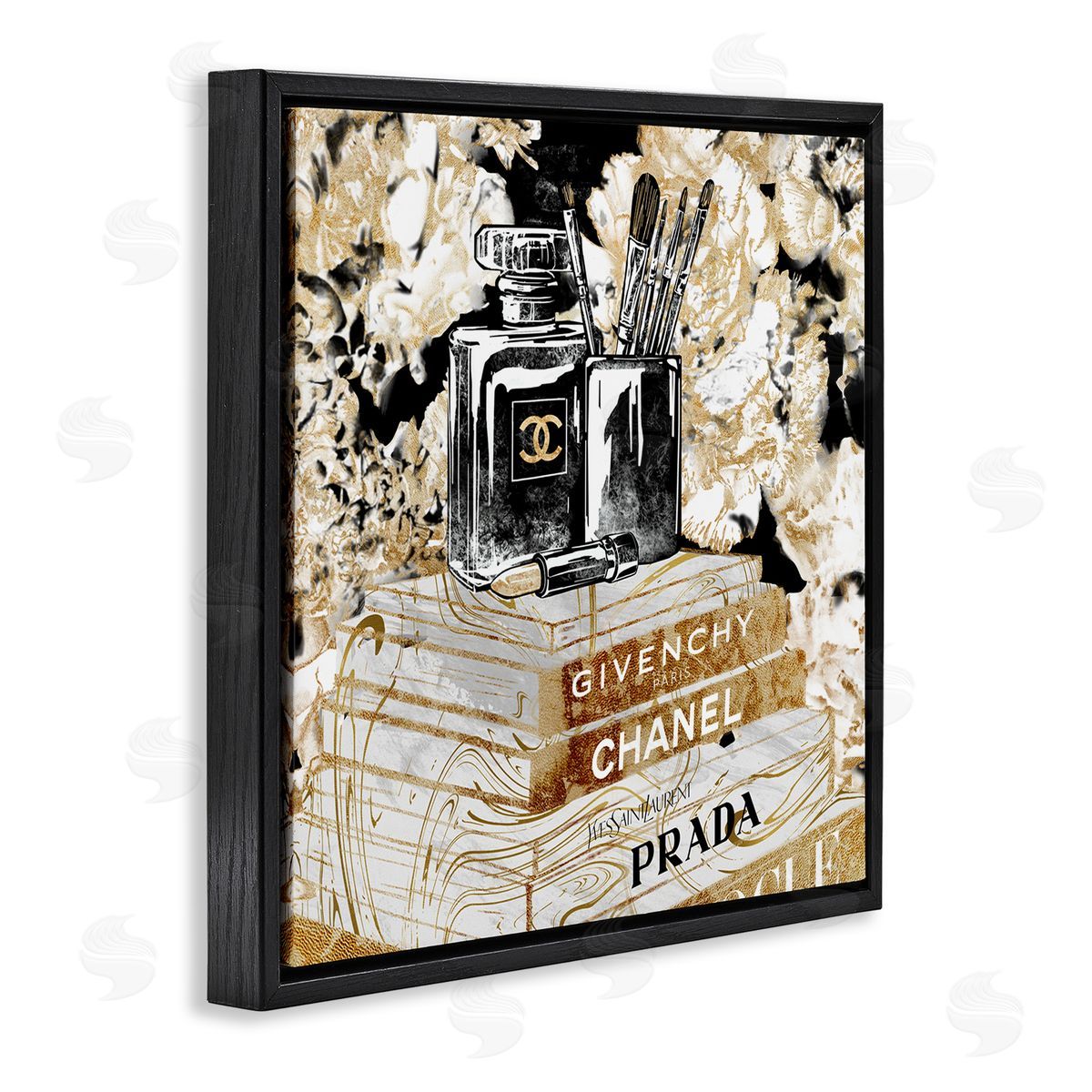 Cosmetics on Golden Books Black Floating Frame Canvas Wall Art, Home Decor by Ziwei Li