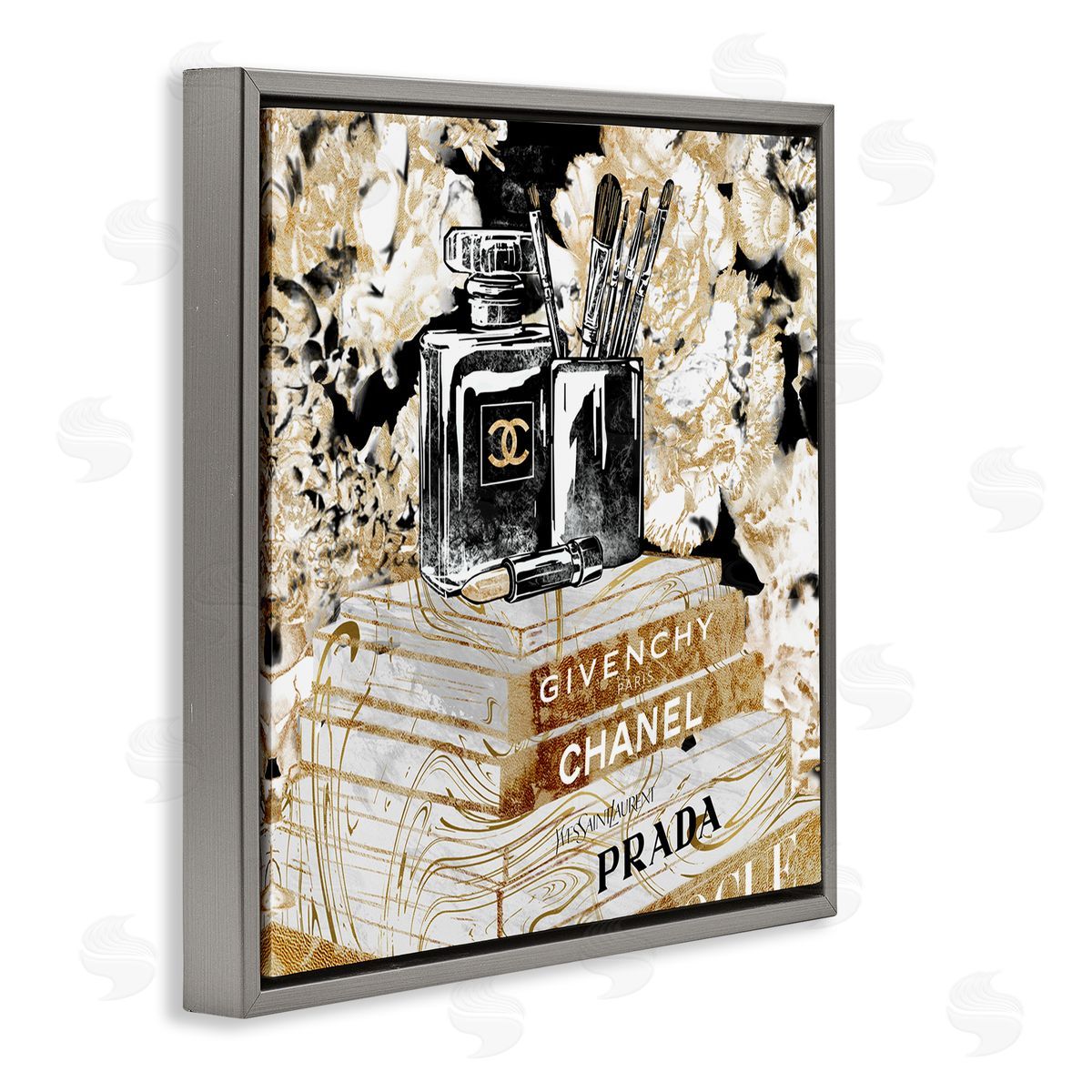 Cosmetics on Golden Books Grey Floating Frame Canvas Wall Art, Home Decor by Ziwei Li