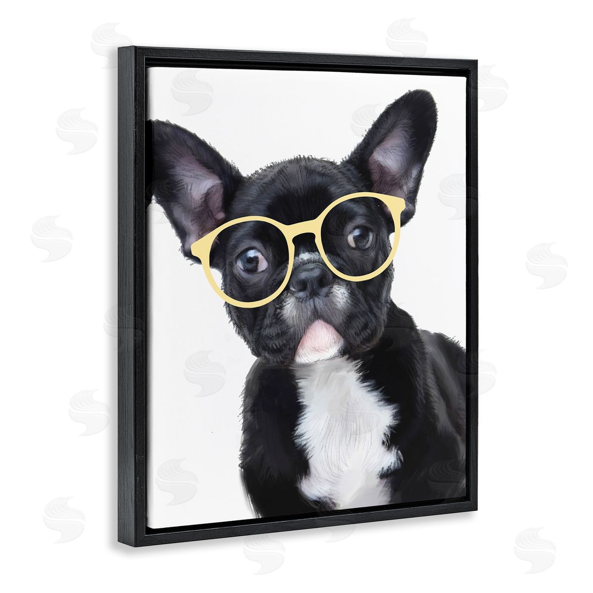 French Bulldog with Yellow Glasses Black Floating Frame Canvas Wall Art, Home Decor by Ziwei Li