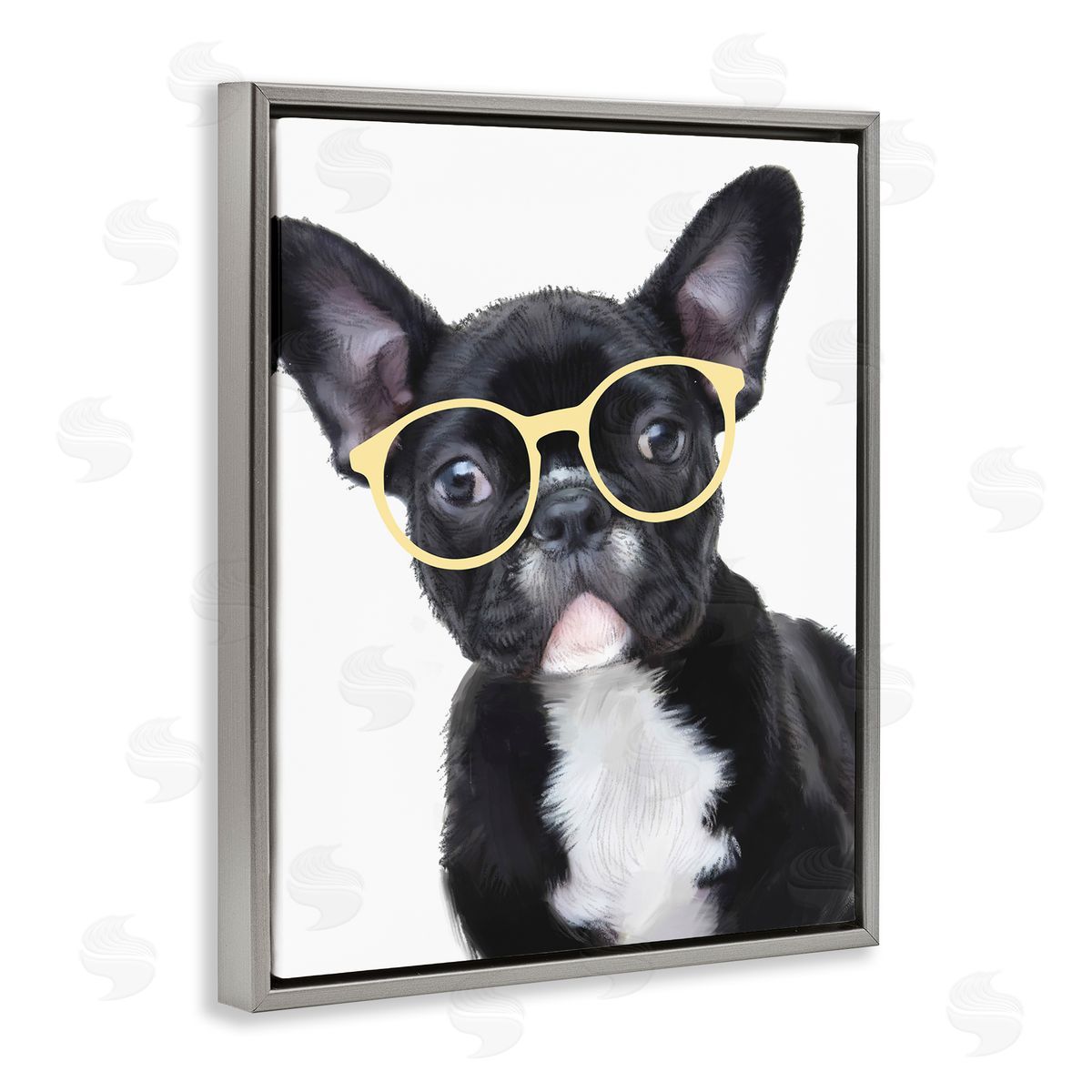 French Bulldog with Yellow Glasses Grey Floating Frame Canvas Wall Art, Home Decor by Ziwei Li