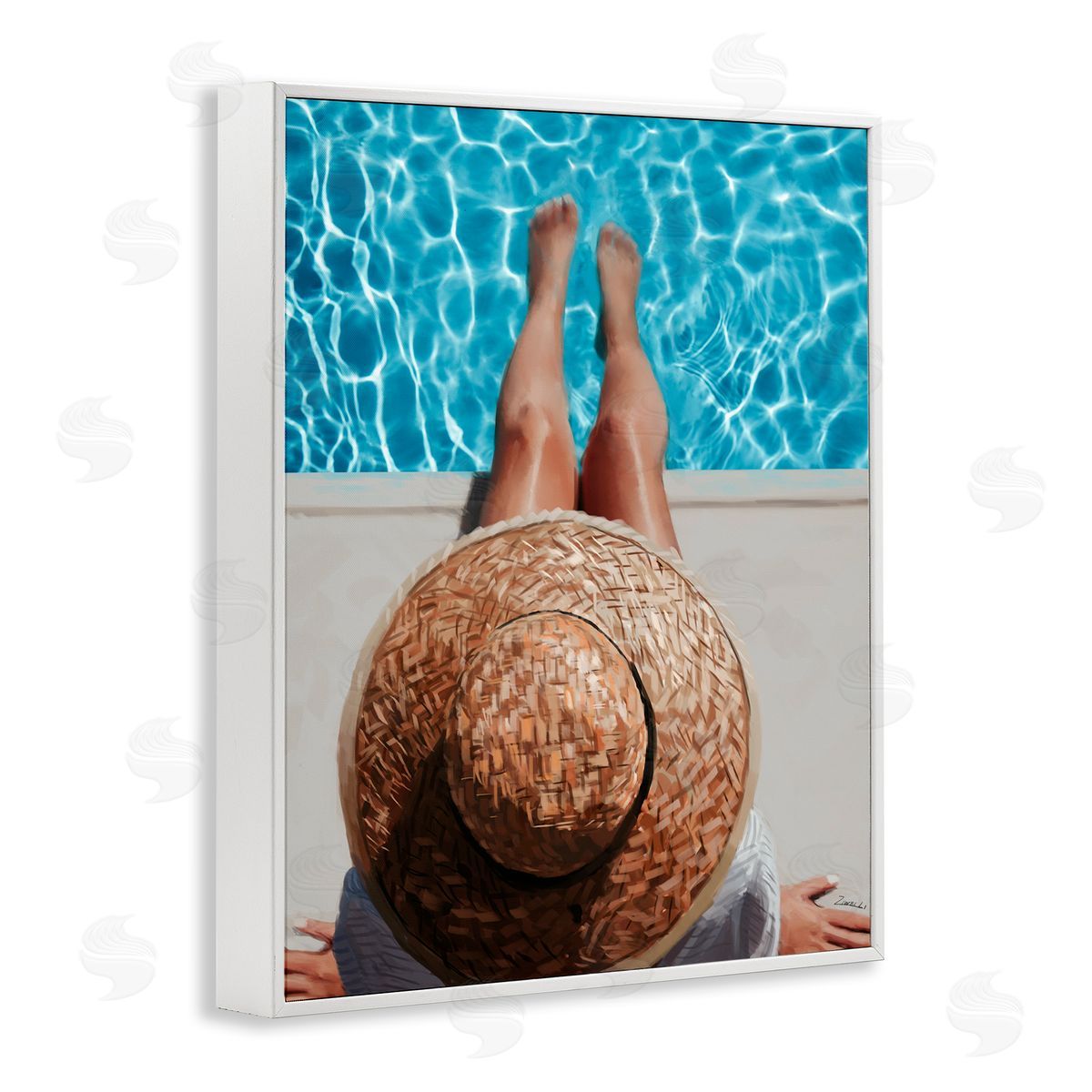Summer Poolside Sunhat Woman White Frame Print Wall Art, Home Decor by Ziwei Li