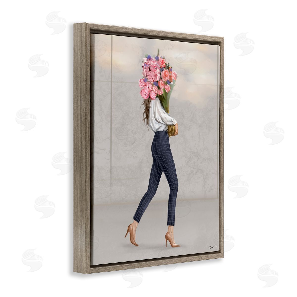 Metro Woman with Bouquet Brown Floating Frame Canvas Wall Art, Home Decor by Ziwei Li