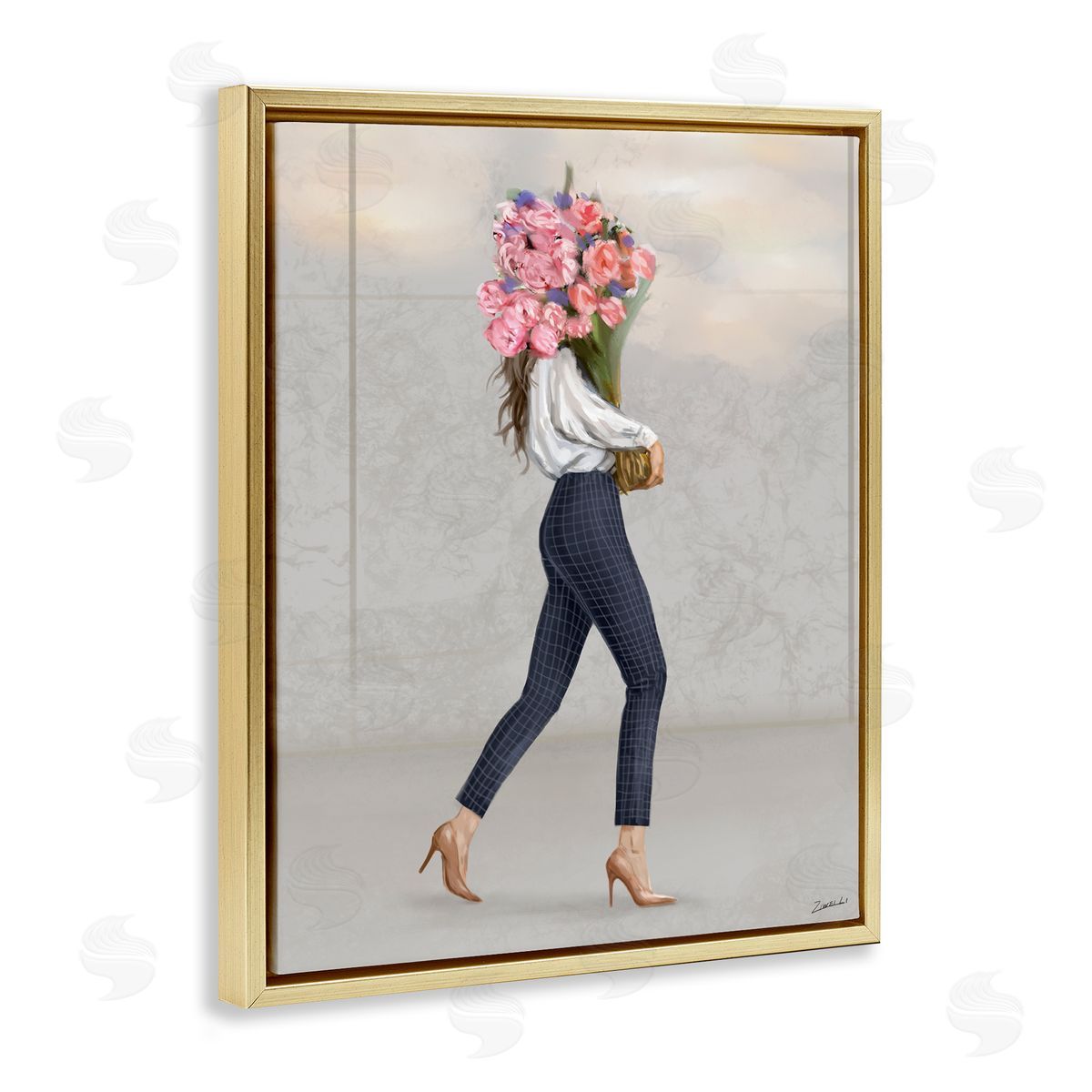 Metro Woman with Bouquet Gold Floating Frame Canvas Wall Art, Home Decor by Ziwei Li