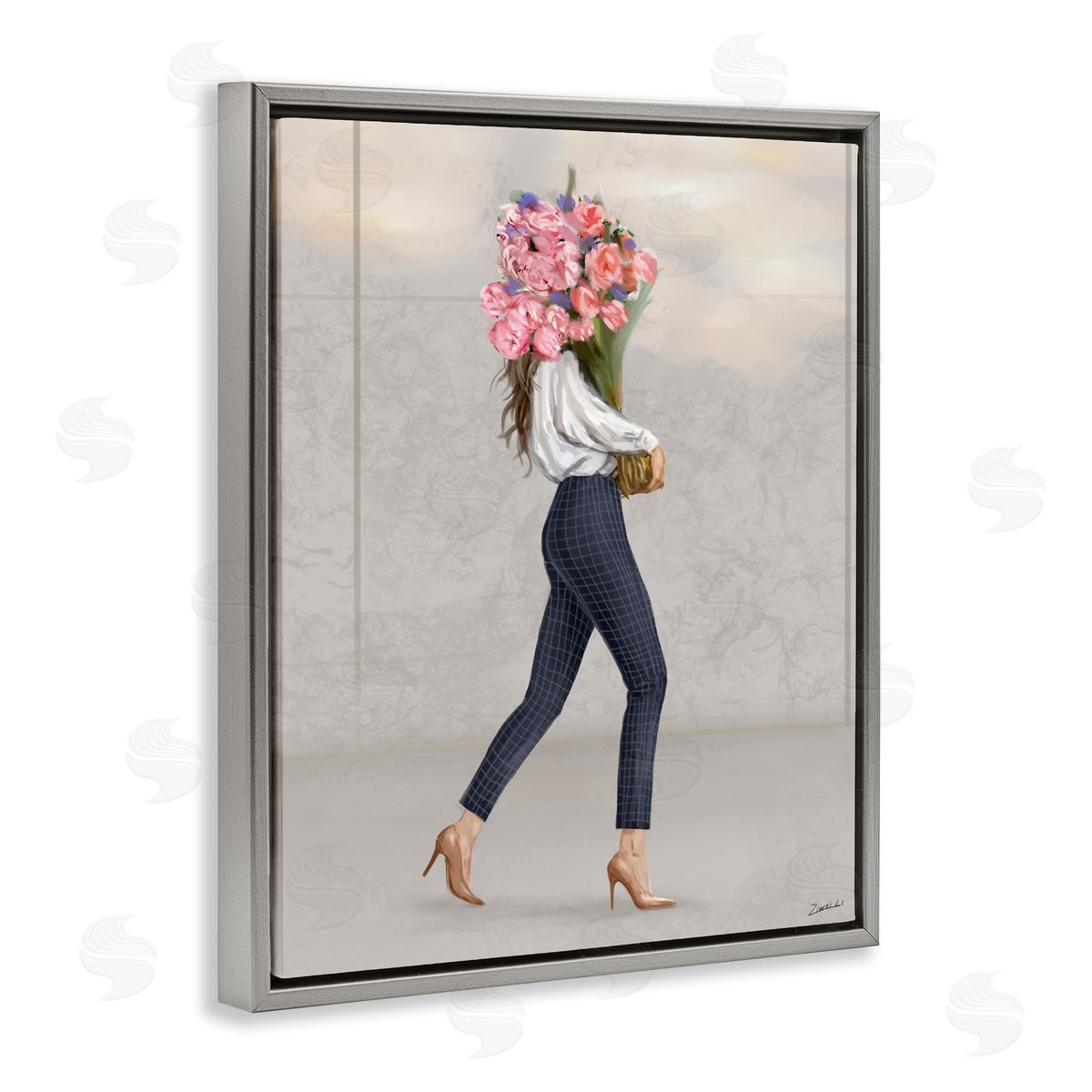 Metro Woman with Bouquet Grey Floating Frame Canvas Wall Art, Home Decor by Ziwei Li