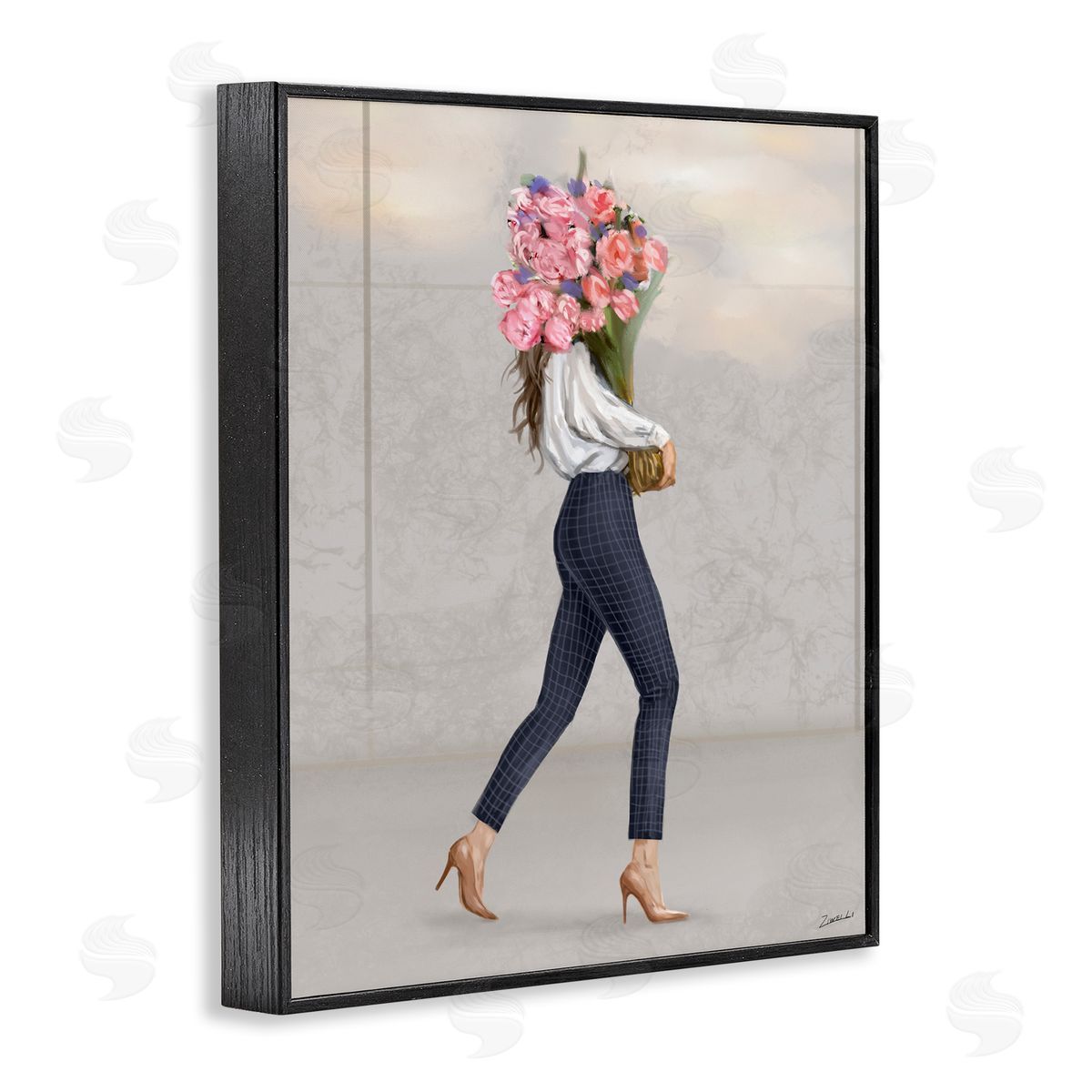 Metro Woman with Bouquet Black Frame Print Wall Art, Home Decor by Ziwei Li