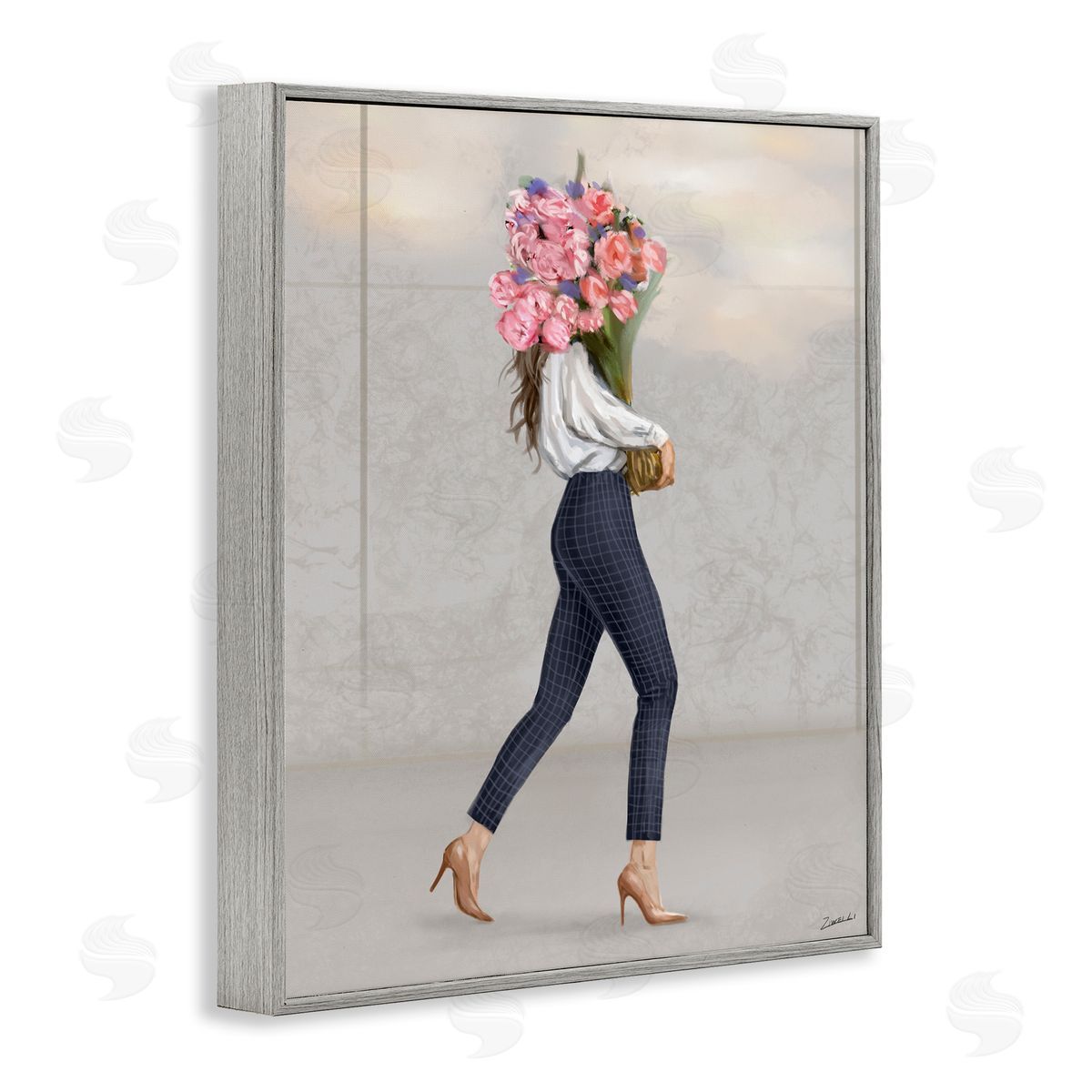 Metro Woman with Bouquet Grey Frame Print Wall Art, Home Decor by Ziwei Li