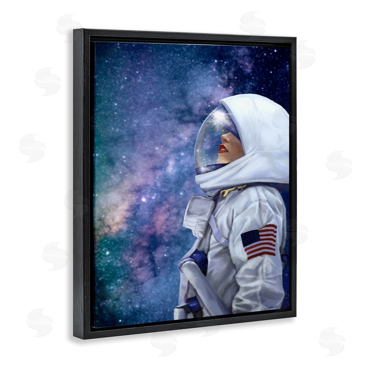 Female Astronaut in Space Black Floating Frame Canvas Wall Art, Home Decor by Ziwei Li