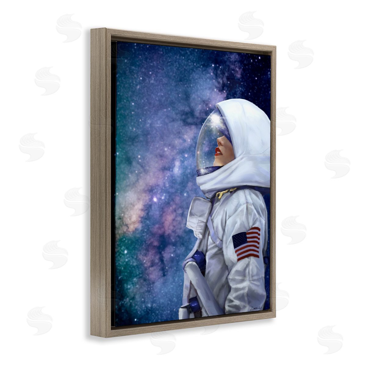 Female Astronaut in Space Brown Floating Frame Canvas Wall Art, Home Decor by Ziwei Li