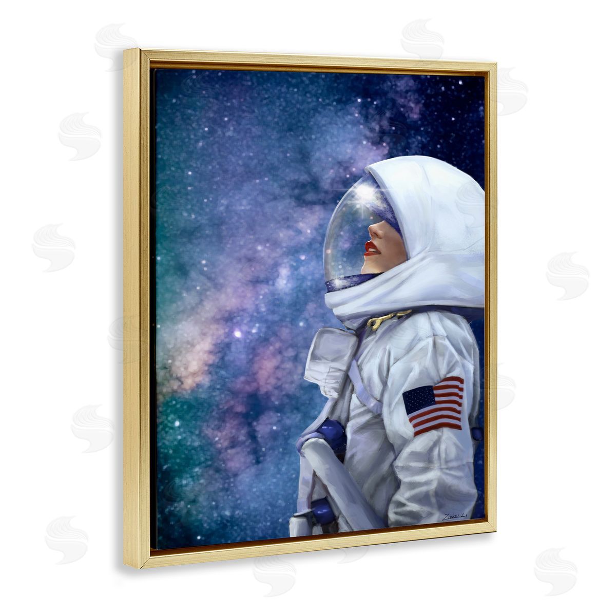 Female Astronaut in Space Gold Floating Frame Canvas Wall Art, Home Decor by Ziwei Li