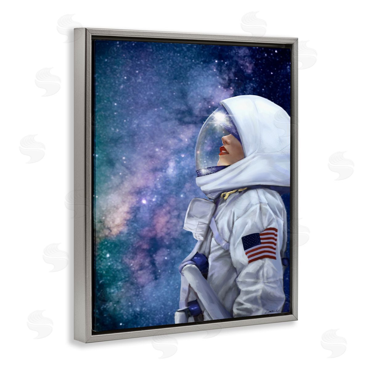 Female Astronaut in Space Grey Floating Frame Canvas Wall Art, Home Decor by Ziwei Li