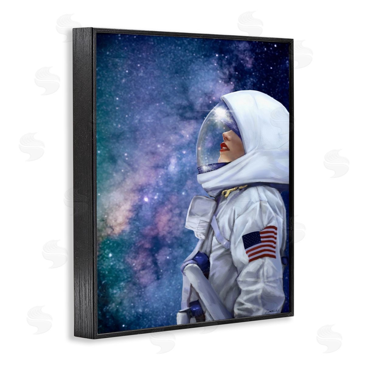 Female Astronaut in Space Black Frame Print Wall Art, Home Decor by Ziwei Li