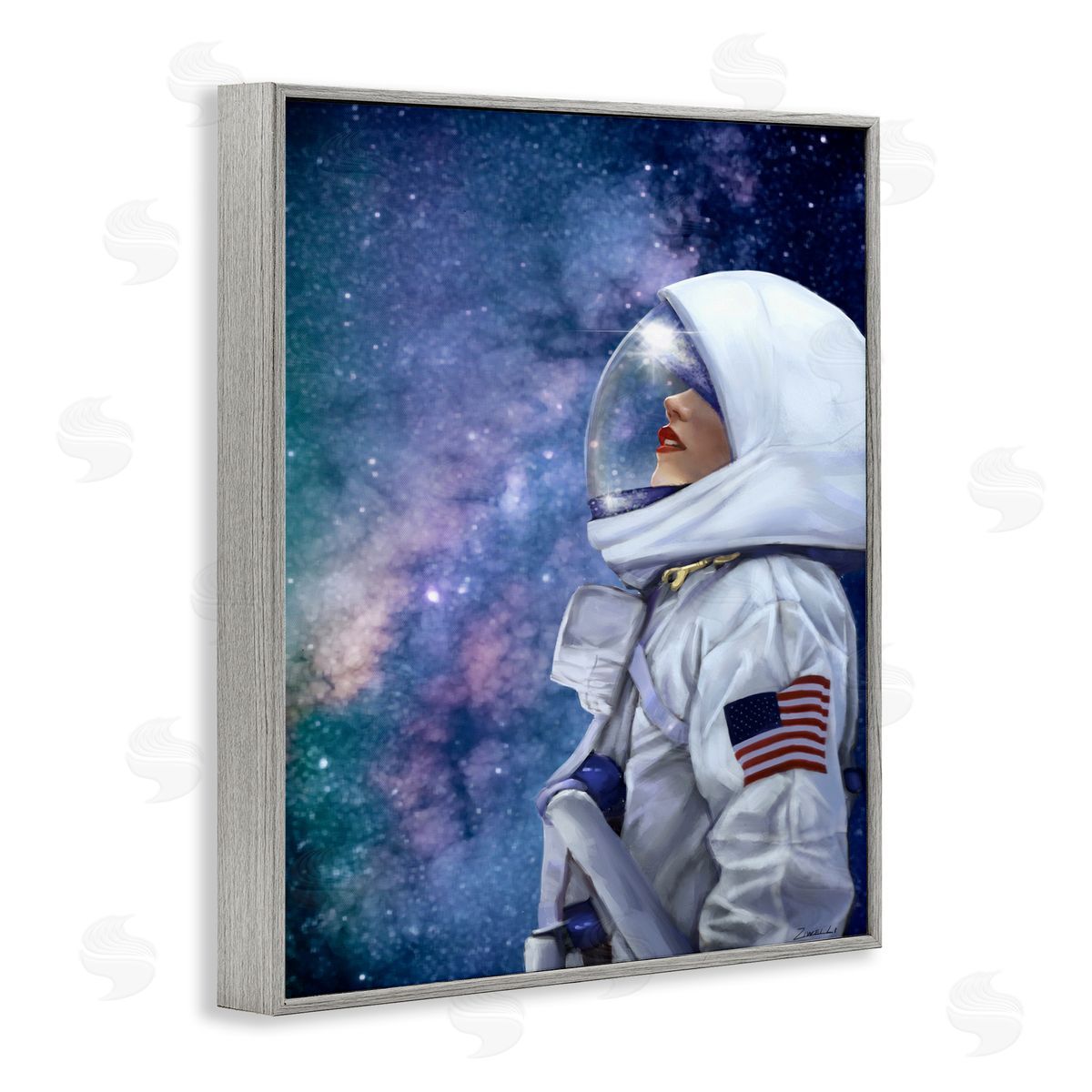Female Astronaut in Space Grey Frame Print Wall Art, Home Decor by Ziwei Li