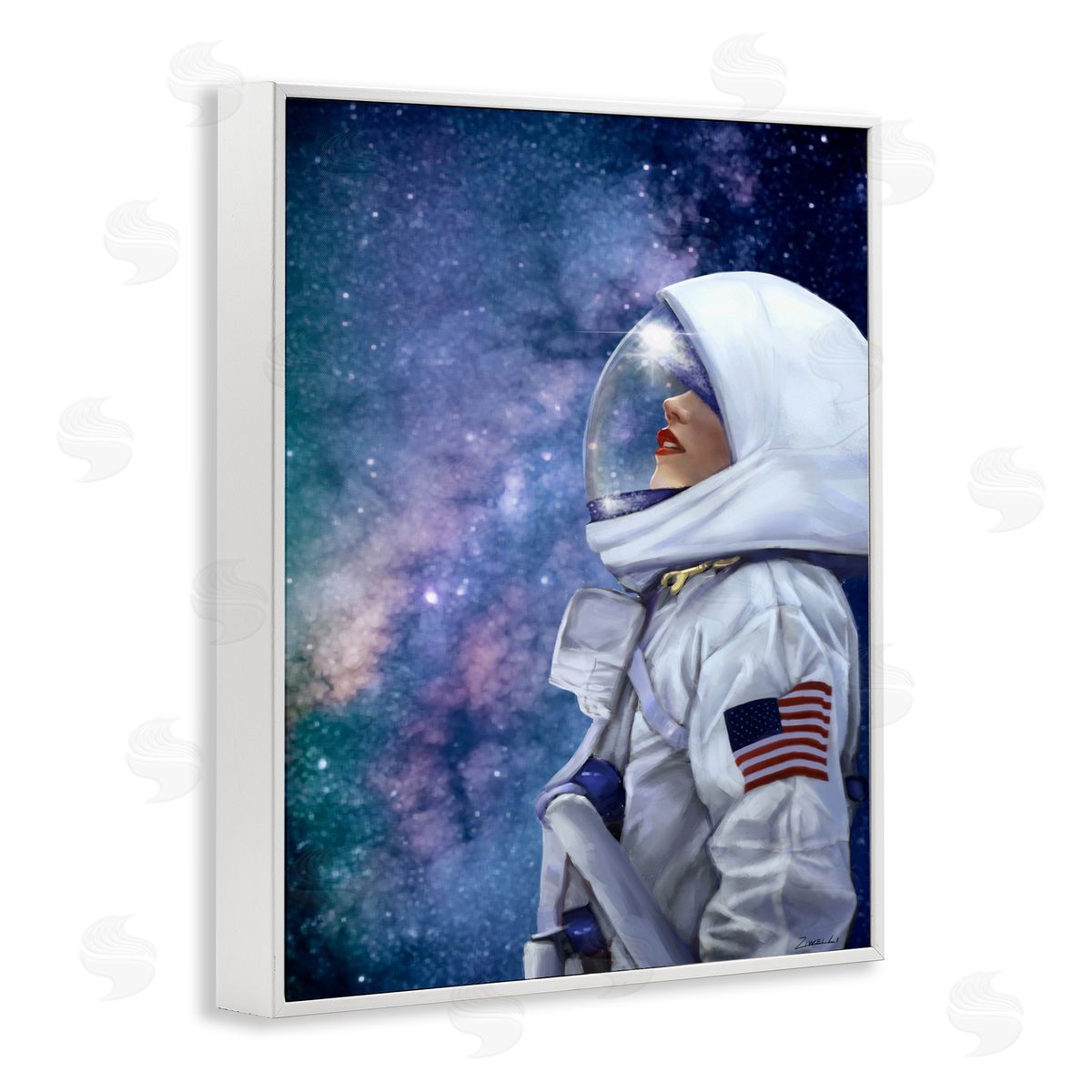 Female Astronaut in Space White Frame Print Wall Art, Home Decor by Ziwei Li