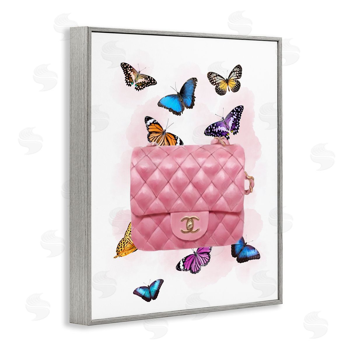 Butterflies and Pink Clutch Grey Frame Print Wall Art, Home Decor by Ziwei Li