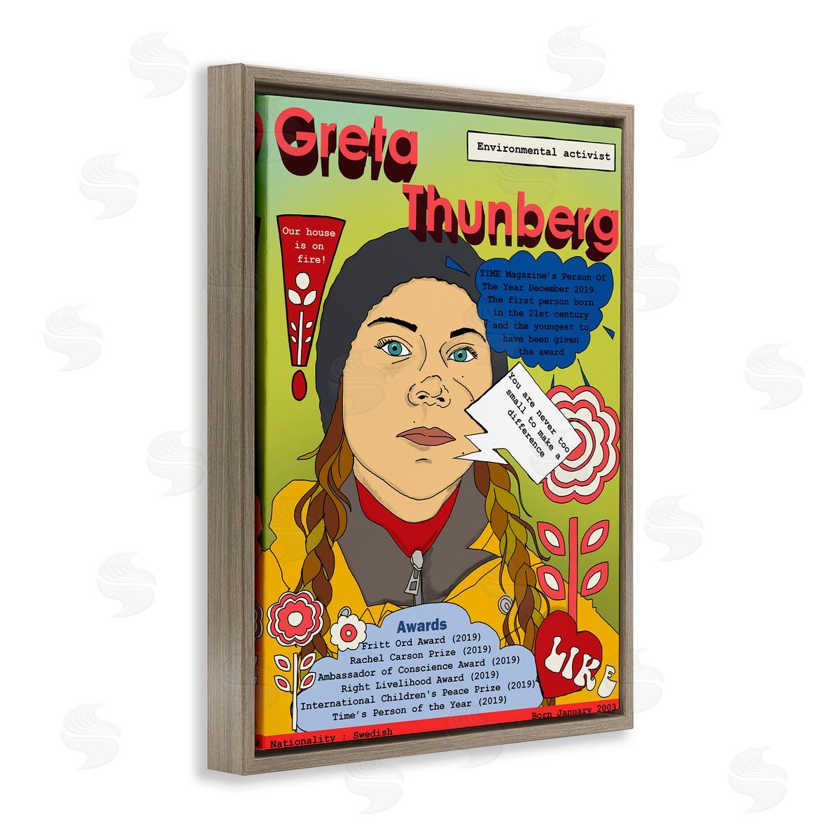 Greta Thornburg Magazine Illustration Brown Floating Frame Canvas Wall Art, Home Decor by Sangita Bachelet