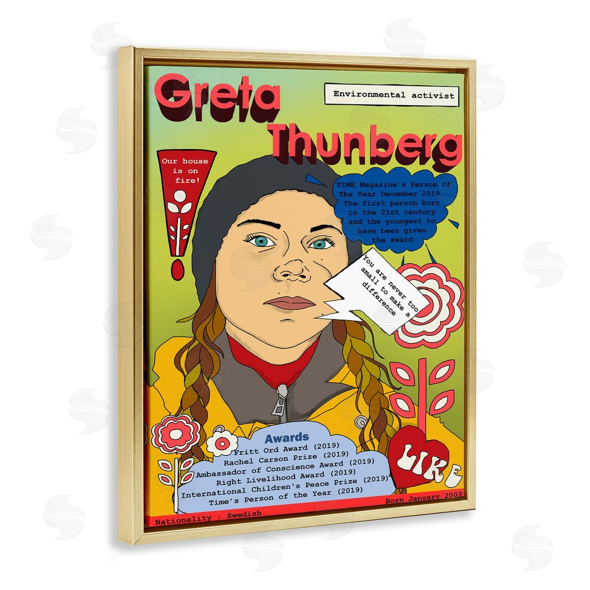 Greta Thornburg Magazine Illustration Gold Floating Frame Canvas Wall Art, Home Decor by Sangita Bachelet