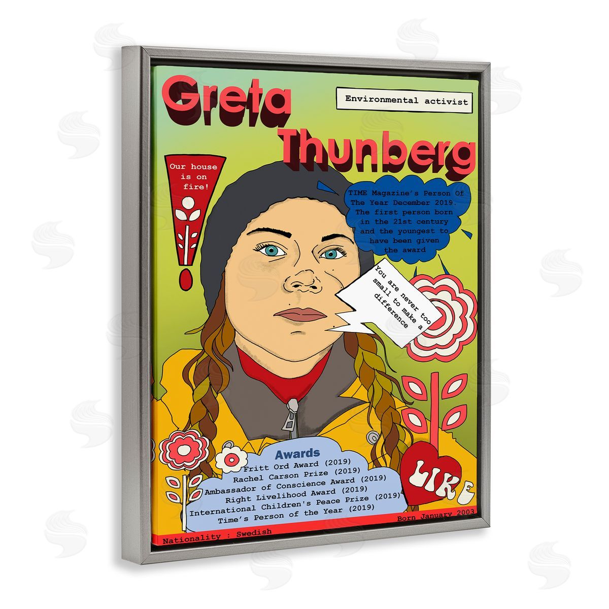 Greta Thornburg Magazine Illustration Grey Floating Frame Canvas Wall Art, Home Decor by Sangita Bachelet