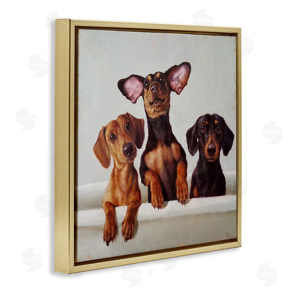 Dachshunds in Bathtub Gold Floating Frame Canvas Wall Art, Home Decor by Lucia Heffernan