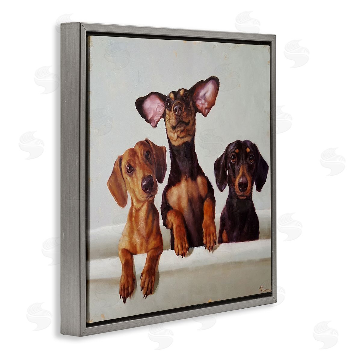 Dachshunds in Bathtub Grey Floating Frame Canvas Wall Art, Home Decor by Lucia Heffernan