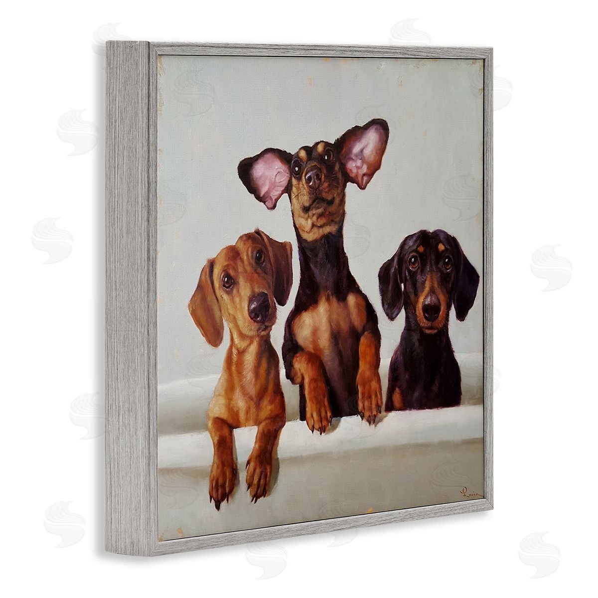 Dachshunds in Bathtub Grey Frame Print Wall Art, Home Decor by Lucia Heffernan