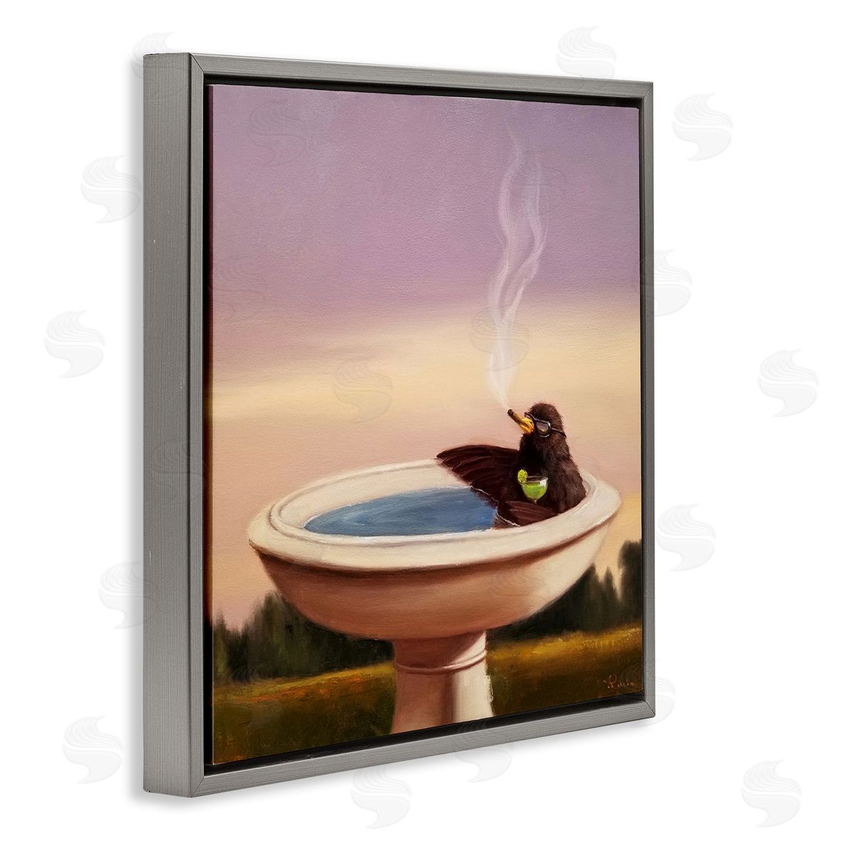 Birdbath with Cocktail Humor Grey Floating Frame Canvas Wall Art, Home Decor by Lucia Heffernan